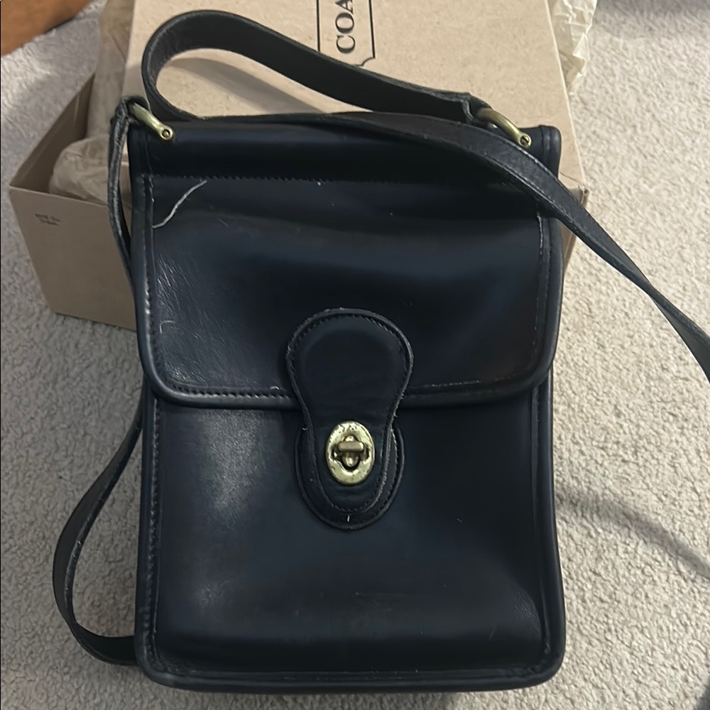 Vintage Coach Black Leather Messenger Bag with Brass Turnlock